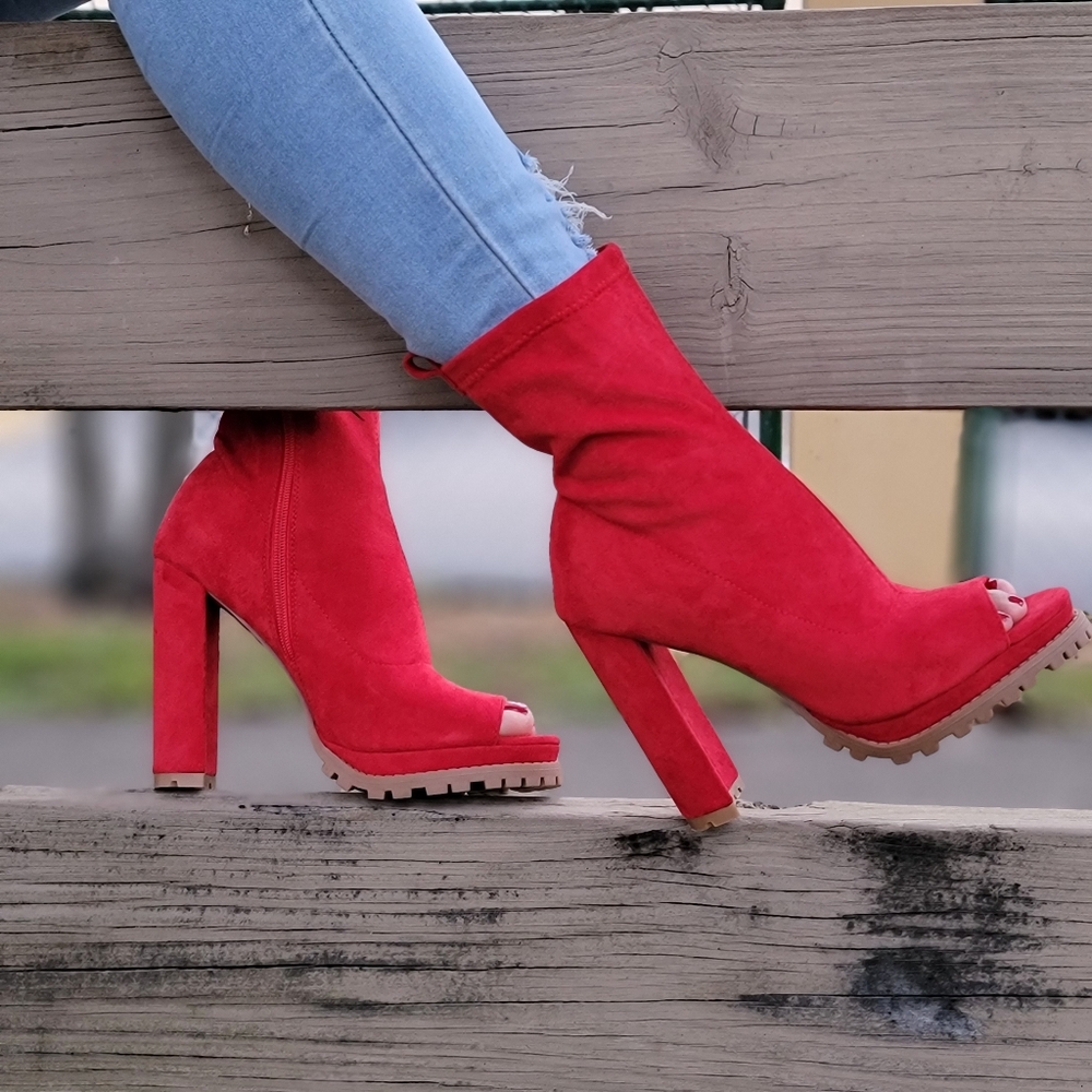 Red Chunky Heel Peep Open Toe Ankle Bootie